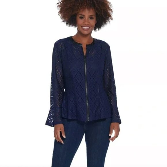 Kim Gravel Womens Navy Blue Peplum Lace Jacket Size XXS - Picture 8 of 11